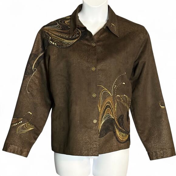 Chico’s Brown Embroidered Sequined Shirt Jacket XL Western Button Up Long Sleeve - Picture 1 of 9
